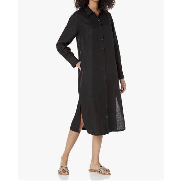 The Drop Fiona M Black 100% Linen Long Sleeve Button Down Midi Shirt Dress - Picture 1 of 8